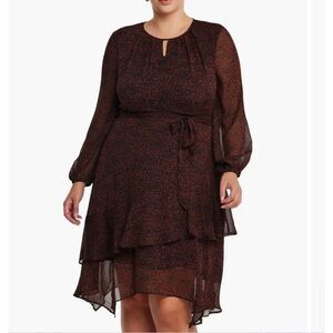 Estelle Camilla Print Tie Waist Long Sleeve Chiffon Dress Black Walnut‎ 22W nwt